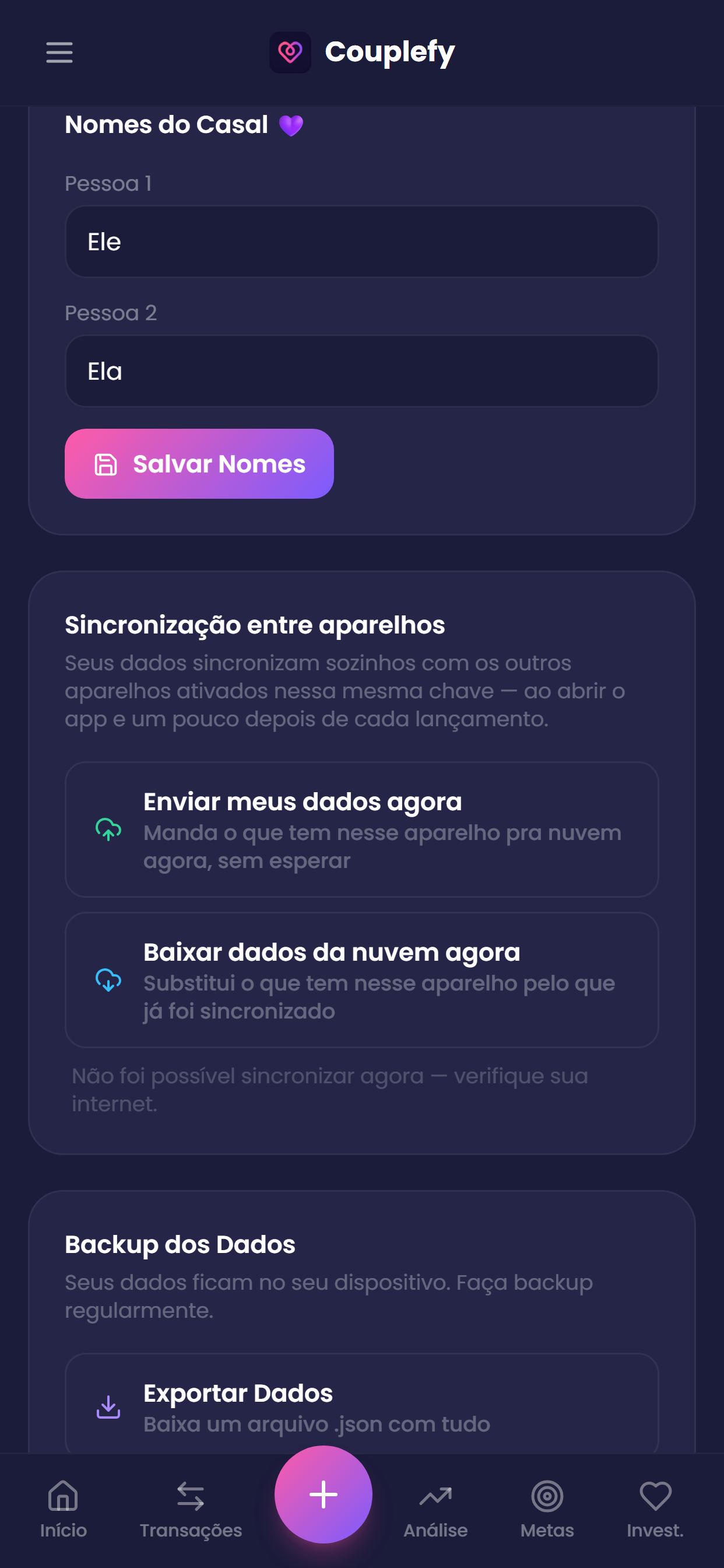Tela de configurações do casal